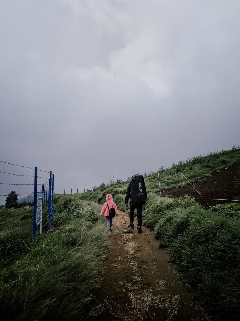 Ouder en kind wandelen op een bergpad — algemeen reisbeeld
